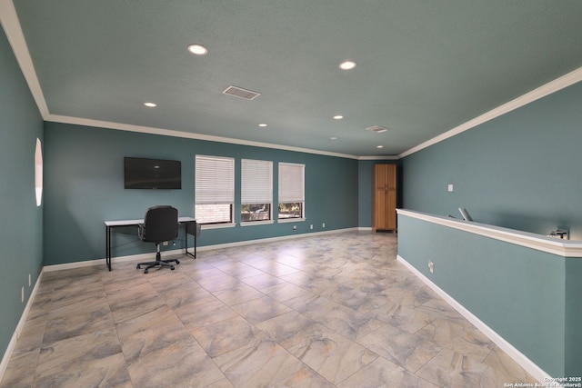 14211 Edge Pt, San Antonio, TX 78230 - home office with recessed lighting, crown molding, and baseboards