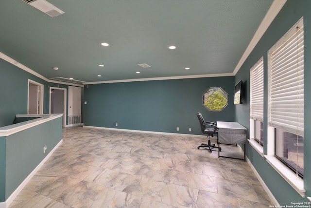 14211 Edge Pt, San Antonio, TX 78230 - unfurnished office with crown molding, recessed lighting, and baseboards