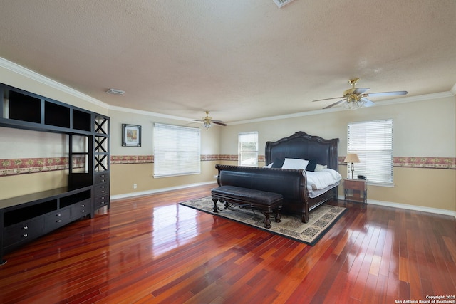 14211 Edge Pt, San Antonio, TX 78230 - bedroom with multiple windows, hardwood / wood-style flooring, a textured ceiling, ornamental molding, and baseboards