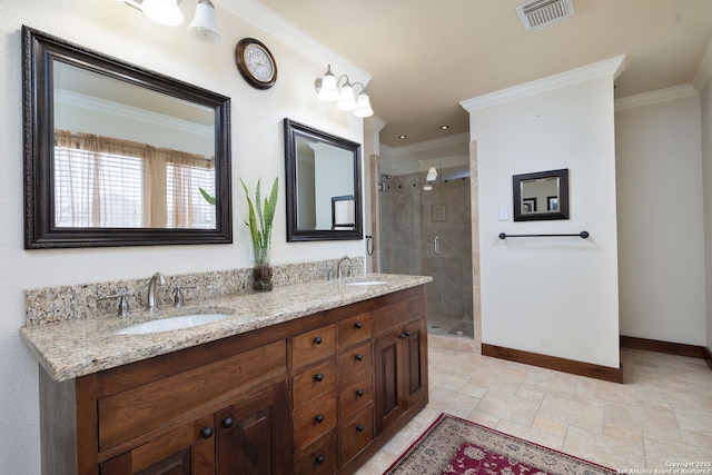 14211 Edge Pt, San Antonio, TX 78230 - bathroom with baseboards, a stall shower, double vanity, ornamental molding, and stone tile flooring