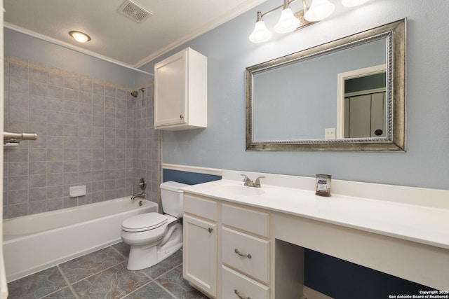 14211 Edge Pt, San Antonio, TX 78230 - full bath featuring toilet, vanity, washtub / shower combination, and crown molding