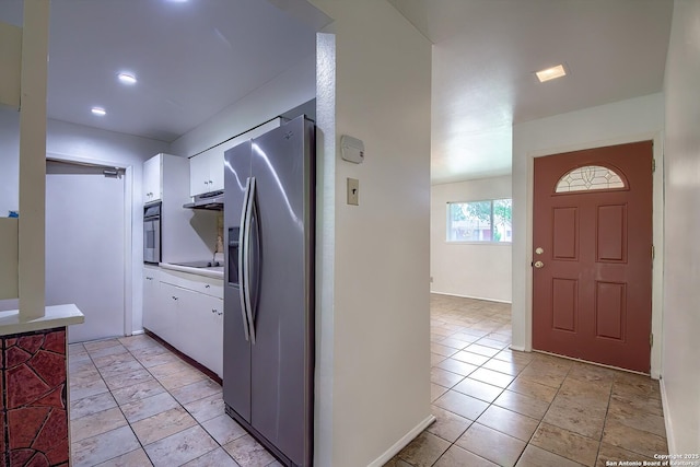 3206 Bluefield, San Antonio, TX 78230 - kitchen featuring appliances with stainless steel finishes, white cabinetry, under cabinet range hood, and recessed lighting