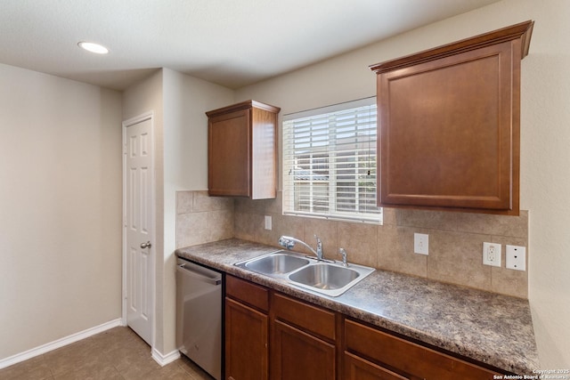 4519 Jeffs Farm, San Antonio, TX 78244 - kitchen with stainless steel dishwasher, decorative backsplash, light tile patterned flooring, dark countertops, and recessed lighting