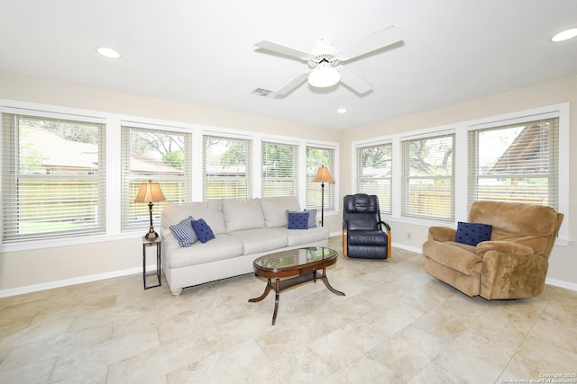 1415 Synandra, San Antonio, TX 78232 - living area with baseboards, a ceiling fan, and recessed lighting