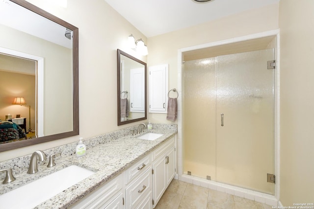 1415 Synandra, San Antonio, TX 78232 - bathroom featuring a stall shower, double vanity, connected bathroom, and tile patterned flooring