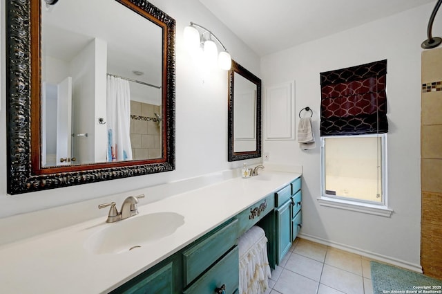 7410 Tom Watson, San Antonio, TX 78244 - bathroom with double vanity, tile patterned flooring, and a shower with shower curtain