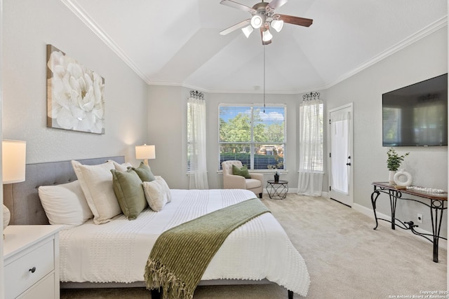11227 Raw Sienna, Helotes, TX 78023 - bedroom featuring light colored carpet, lofted ceiling, crown molding, a ceiling fan, and baseboards