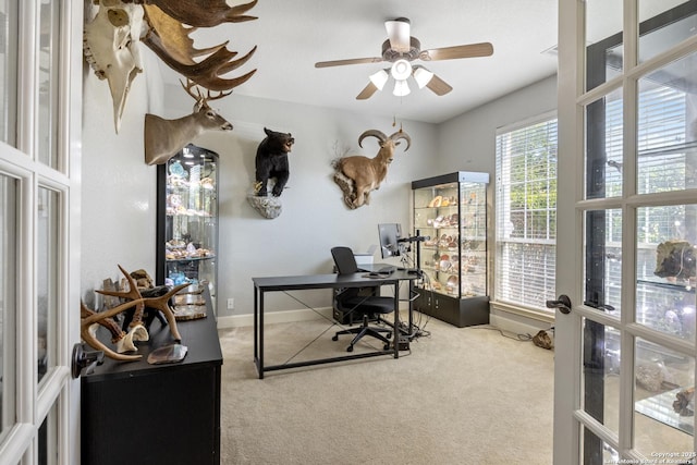 11227 Raw Sienna, Helotes, TX 78023 - office featuring carpet, a ceiling fan, baseboards, and french doors