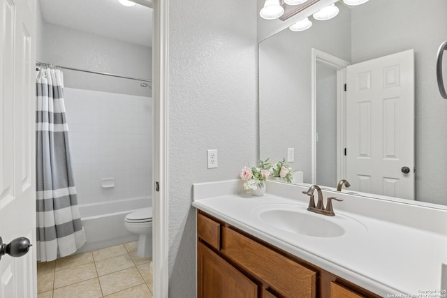 11227 Raw Sienna, Helotes, TX 78023 - full bathroom with tile patterned flooring, vanity, a textured wall, toilet, and shower / bath combo with shower curtain