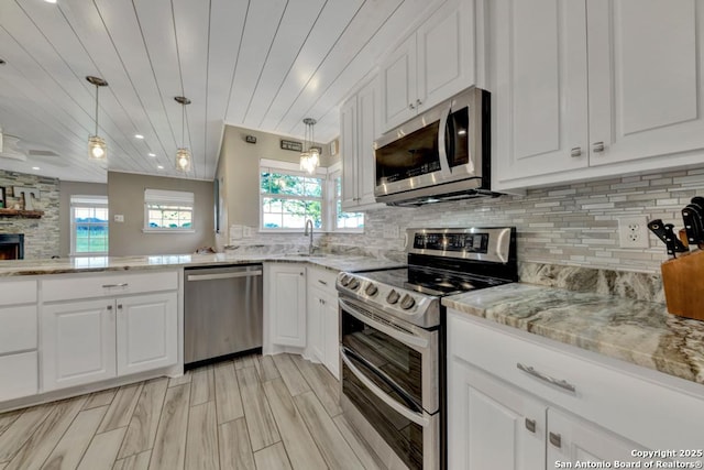 15592 Miller, Saint Hedwig, TX 78152 - kitchen with appliances with stainless steel finishes, plenty of natural light, a sink, white cabinets, and wooden ceiling