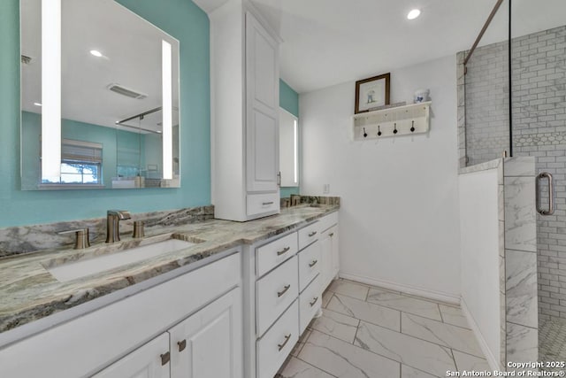 15592 Miller, Saint Hedwig, TX 78152 - full bathroom featuring marble look tiles, double vanity, a stall shower, and recessed lighting