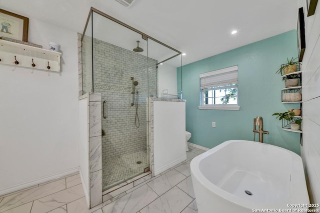 15592 Miller, Saint Hedwig, TX 78152 - full bathroom featuring a stall shower, marble look tiles, a soaking tub, baseboards, and recessed lighting