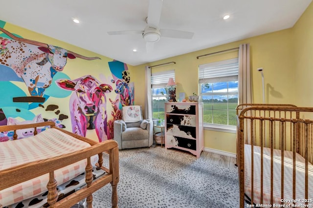 15592 Miller, Saint Hedwig, TX 78152 - bedroom with recessed lighting, baseboards, a ceiling fan, and wood finished floors