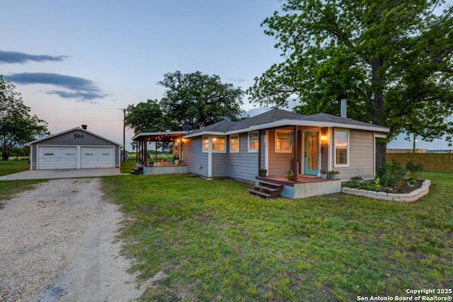 15592 Miller, Saint Hedwig, TX 78152 - bungalow-style house with an outbuilding, a garage, a porch, and dirt driveway