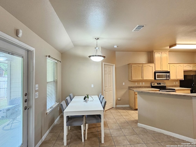 2115 Bentwood, New Braunfels, TX 78130 - kitchen featuring stainless steel appliances, light brown cabinetry, healthy amount of natural light, light tile patterned flooring, and vaulted ceiling