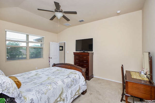 7411 Virtuoso, San Antonio, TX 78266 - bedroom featuring lofted ceiling, light colored carpet, ceiling fan, and baseboards