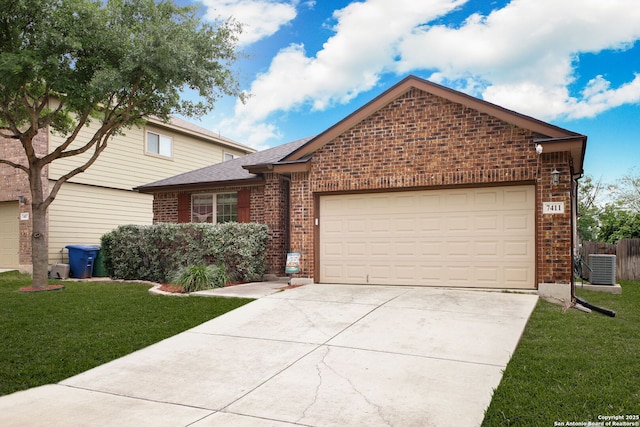 7411 Virtuoso, San Antonio, TX 78266 - view of front of house with brick siding, a garage, concrete driveway, a front yard, and cooling unit