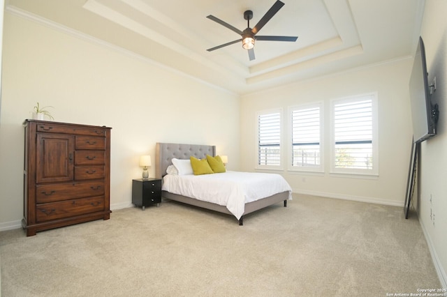 23402 Grande Vis, San Antonio, TX 78261 - bedroom featuring a tray ceiling, light colored carpet, ornamental molding, and baseboards