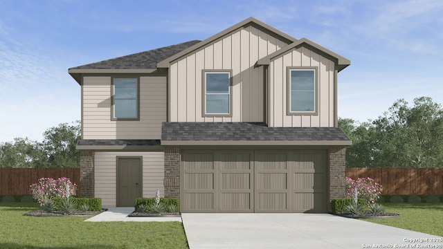 13931 San Saba Fls, San Antonio, TX 78253 - view of front facade featuring driveway, board and batten siding, an attached garage, roof with shingles, and brick siding