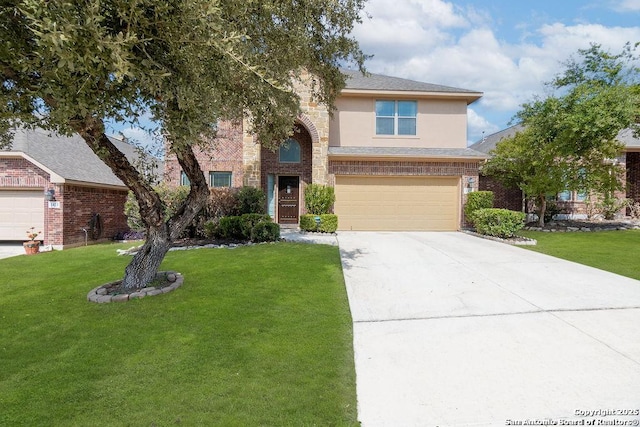 1427 Sparrow Song, San Antonio, TX 78260 - traditional home featuring an attached garage, driveway, a front yard, and brick siding