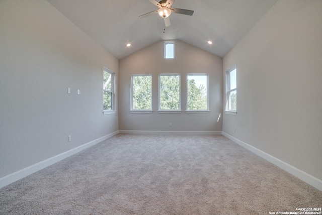 8119 Ventura Blvd, Selma, TX 78154 - empty room with ceiling fan, baseboards, vaulted ceiling, and light colored carpet