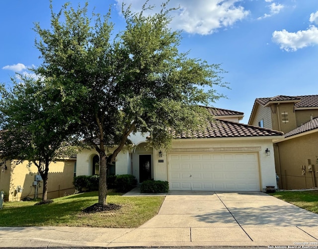 18131 Muir Glen Dr, San Antonio, TX 78257 - view of front facade with a garage, concrete driveway, stucco siding, a front yard, and a tile roof