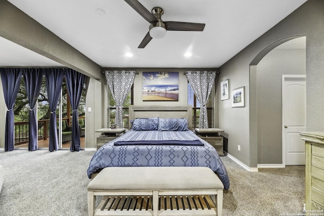 18131 Muir Glen Dr, San Antonio, TX 78257 - carpeted bedroom with arched walkways, access to exterior, a textured wall, baseboards, and ceiling fan