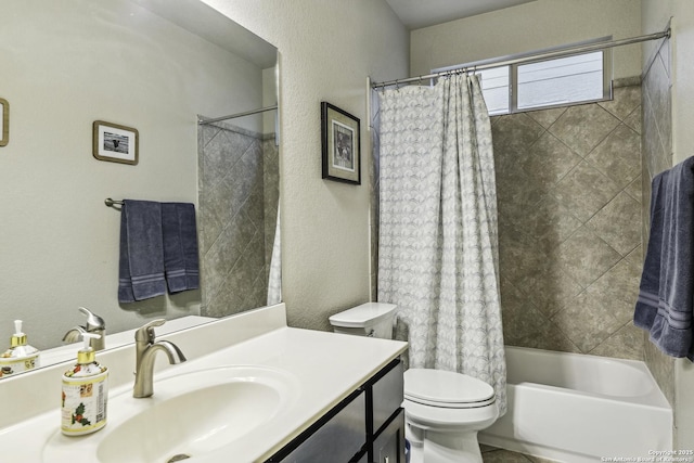 18131 Muir Glen Dr, San Antonio, TX 78257 - full bath with vanity, toilet, shower / tub combo with curtain, and a textured wall