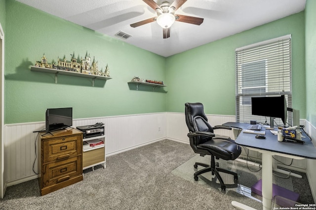 18131 Muir Glen Dr, San Antonio, TX 78257 - home office featuring wainscoting, ceiling fan, and carpet floors