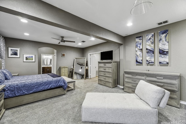 18131 Muir Glen Dr, San Antonio, TX 78257 - bedroom with light carpet, arched walkways, recessed lighting, baseboards, and ceiling fan