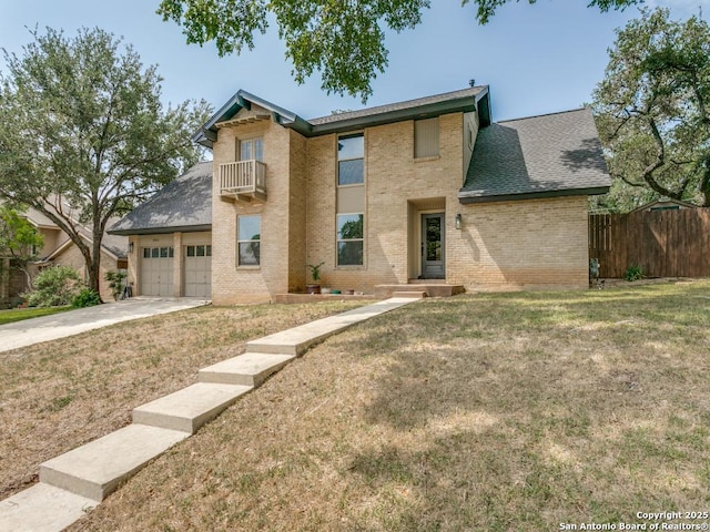 2922 Low Oak St, San Antonio, TX 78232 - traditional-style house featuring brick siding, a balcony, concrete driveway, an attached garage, and a shingled roof