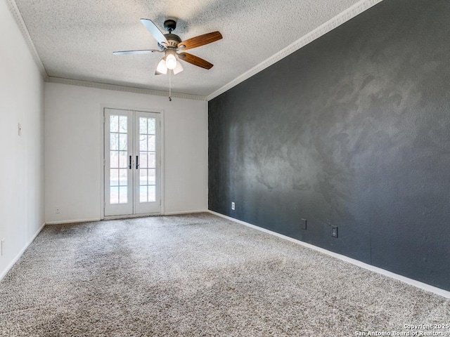 2922 Low Oak St, San Antonio, TX 78232 - empty room with a textured ceiling, ceiling fan, carpet flooring, french doors, and ornamental molding