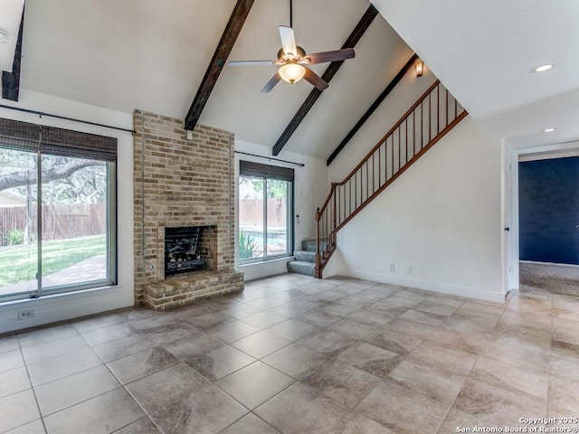 2922 Low Oak St, San Antonio, TX 78232 - unfurnished living room featuring a ceiling fan, stairs, beamed ceiling, a fireplace, and high vaulted ceiling