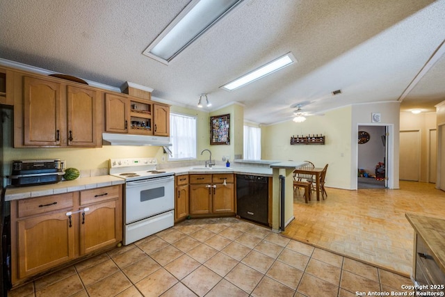 22337 Red Sand, San Antonio, TX 78264 - kitchen featuring white range with electric cooktop, black dishwasher, under cabinet range hood, a peninsula, and tile counters