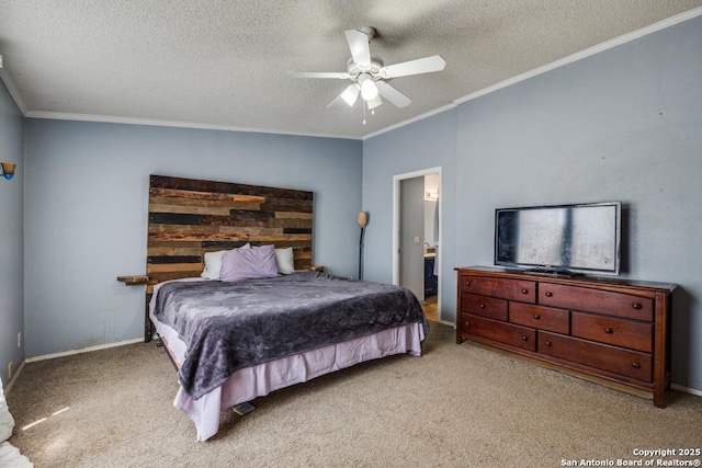 22337 Red Sand, San Antonio, TX 78264 - carpeted bedroom with a textured ceiling, ornamental molding, ceiling fan, ensuite bath, and baseboards