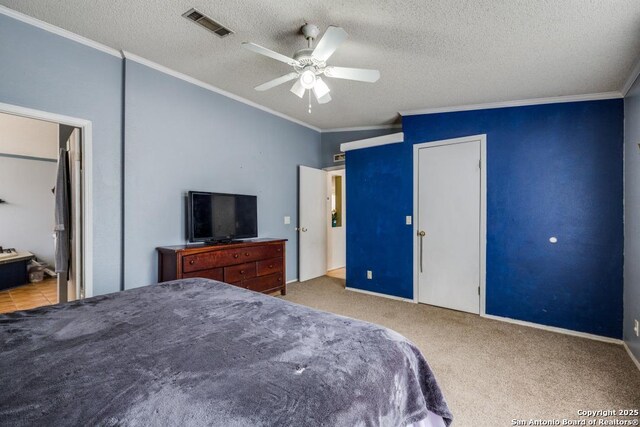 22337 Red Sand, San Antonio, TX 78264 - bedroom featuring crown molding, carpet floors, a textured ceiling, and ceiling fan