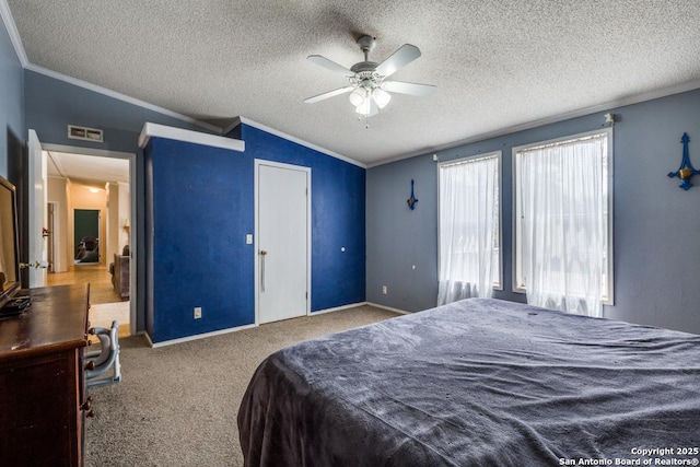 22337 Red Sand, San Antonio, TX 78264 - carpeted bedroom with ornamental molding, vaulted ceiling, a textured ceiling, and ceiling fan