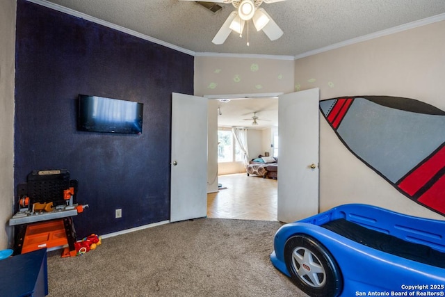 22337 Red Sand, San Antonio, TX 78264 - carpeted bedroom with ornamental molding, a textured ceiling, and a ceiling fan