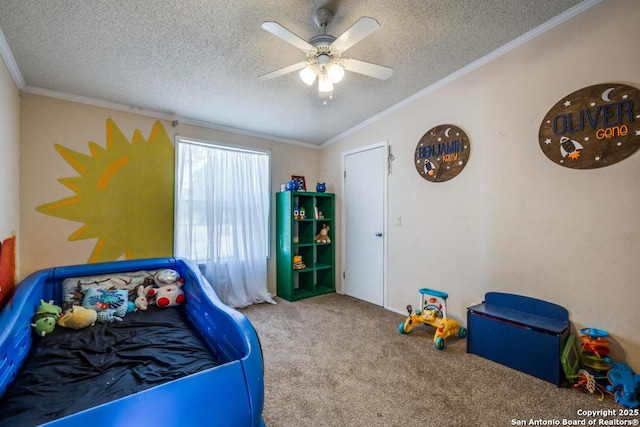 22337 Red Sand, San Antonio, TX 78264 - bedroom featuring carpet flooring, a textured ceiling, ornamental molding, lofted ceiling, and a ceiling fan