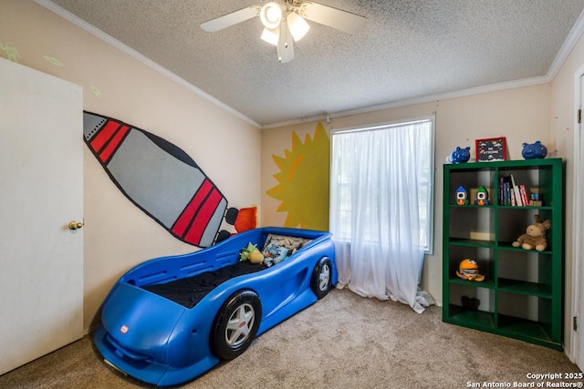22337 Red Sand, San Antonio, TX 78264 - bedroom with carpet, a textured ceiling, crown molding, and ceiling fan
