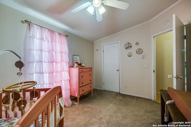 22337 Red Sand, San Antonio, TX 78264 - bedroom with ornamental molding, a textured ceiling, carpet, lofted ceiling, and a ceiling fan