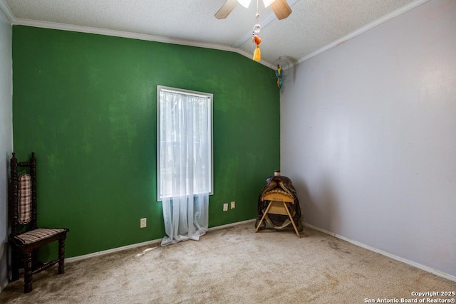 22337 Red Sand, San Antonio, TX 78264 - carpeted spare room featuring crown molding, a ceiling fan, lofted ceiling, a textured ceiling, and baseboards