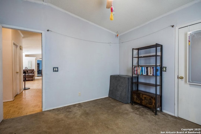 22337 Red Sand, San Antonio, TX 78264 - carpeted empty room with lofted ceiling, crown molding, and baseboards