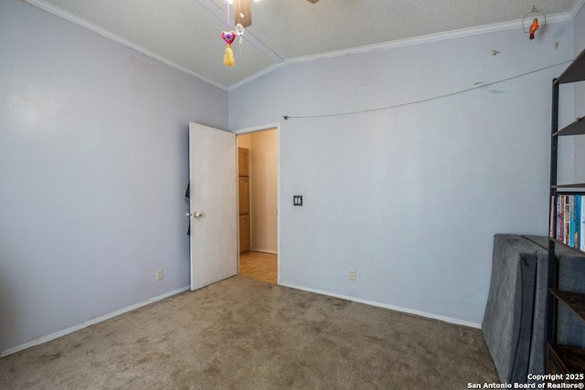 22337 Red Sand, San Antonio, TX 78264 - carpeted empty room with crown molding, lofted ceiling, a textured ceiling, and baseboards