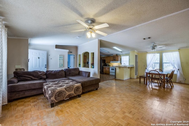 22337 Red Sand, San Antonio, TX 78264 - living area with a ceiling fan and a textured ceiling