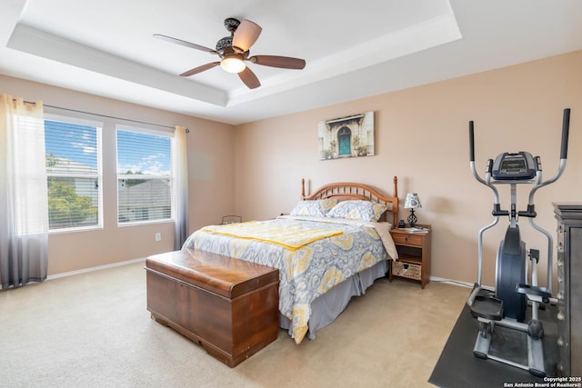 11807 Amber Tree, San Antonio, TX 78254 - bedroom with a raised ceiling, light colored carpet, baseboards, and a ceiling fan