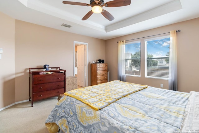 11807 Amber Tree, San Antonio, TX 78254 - carpeted bedroom with a raised ceiling, a ceiling fan, baseboards, and crown molding