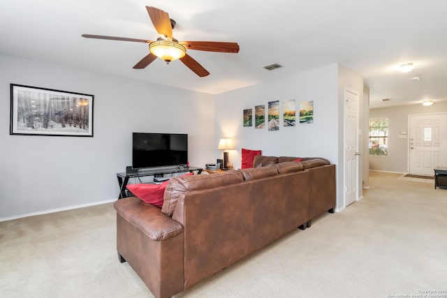 11807 Amber Tree, San Antonio, TX 78254 - living room featuring light colored carpet, ceiling fan, and baseboards