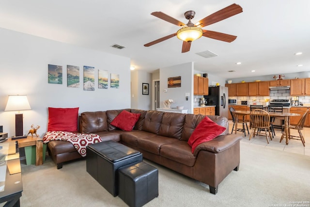 11807 Amber Tree, San Antonio, TX 78254 - living room with ceiling fan, light carpet, and recessed lighting