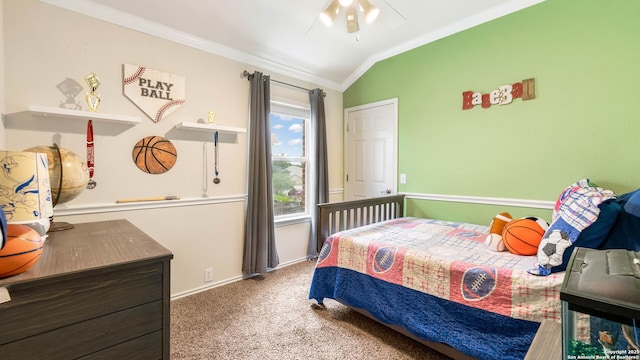 21627 Rio Comal, San Antonio, TX 78259 - carpeted bedroom featuring crown molding, vaulted ceiling, a ceiling fan, and baseboards